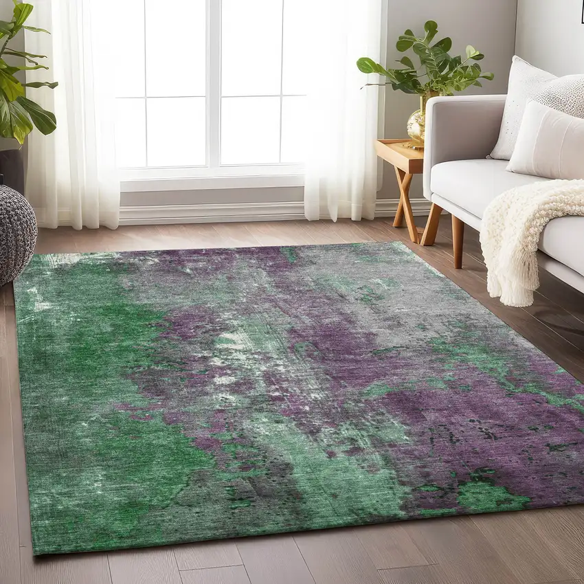 Emerald And Purple Abstract Washable Indoor Outdoor Area Rug Photo 6
