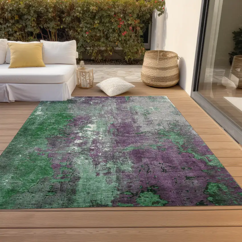 Emerald And Purple Abstract Washable Indoor Outdoor Area Rug Photo 8