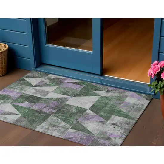 Emerald And Purple Geometric Washable Indoor Outdoor Area Rug Photo 2