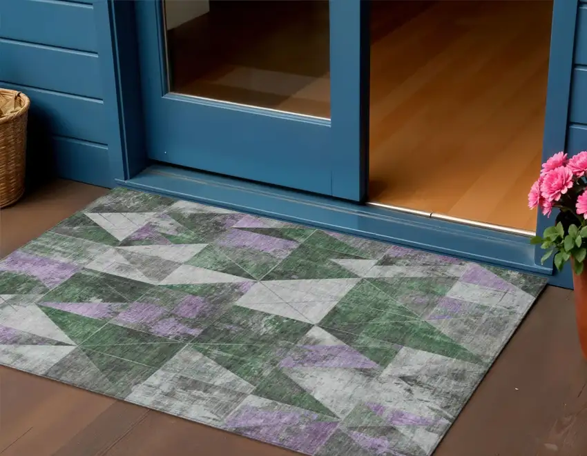 Emerald And Purple Geometric Washable Indoor Outdoor Area Rug Photo 2
