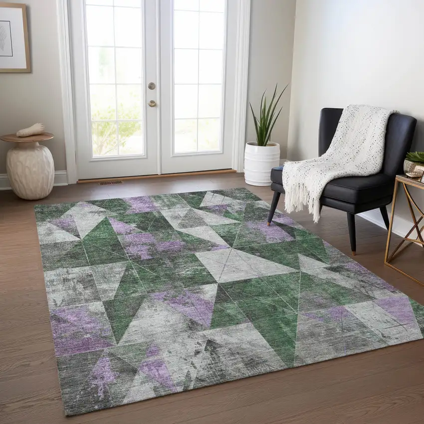 Emerald And Purple Geometric Washable Indoor Outdoor Area Rug Photo 6