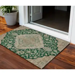Photo of Emerald Beige And Brown Oriental Washable Indoor Outdoor Area Rug