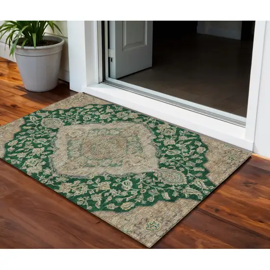 Emerald Beige And Brown Oriental Washable Indoor Outdoor Area Rug Photo 1