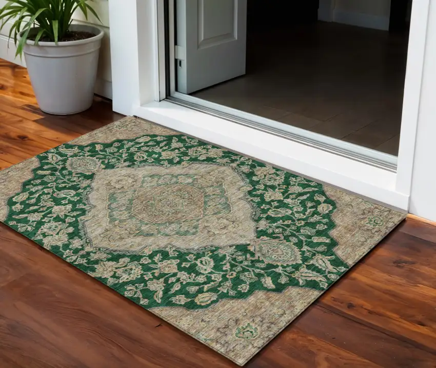 Emerald Beige And Brown Oriental Washable Indoor Outdoor Area Rug Photo 1