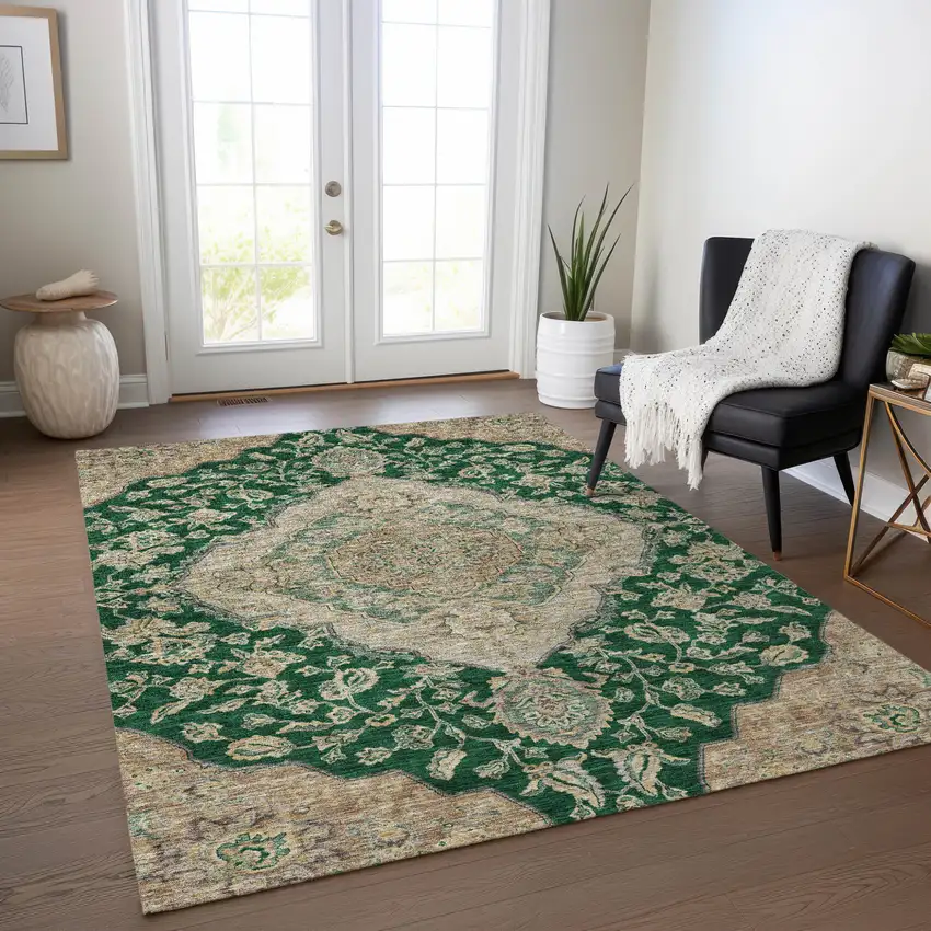Emerald Beige And Brown Oriental Washable Indoor Outdoor Area Rug Photo 8