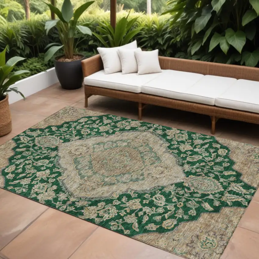 Emerald Beige And Brown Oriental Washable Indoor Outdoor Area Rug Photo 1