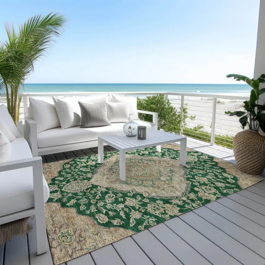 Emerald Beige And Brown Oriental Washable Indoor Outdoor Area Rug Photo 7