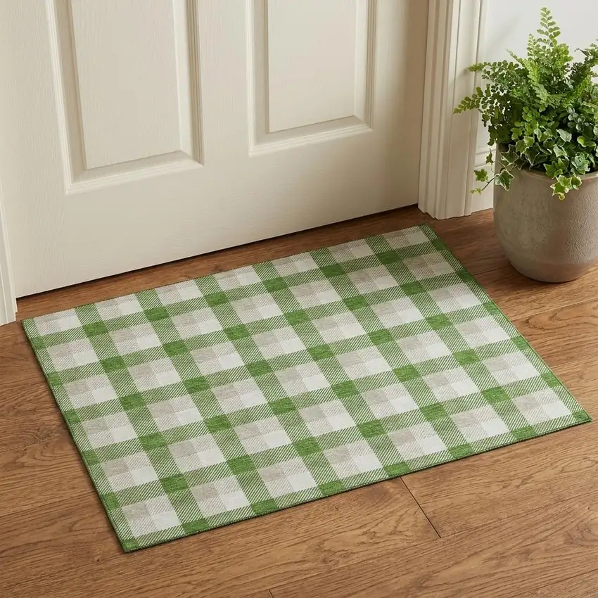 Emerald Beige And Ivory Plaid Washable Area Rug With UV Protection Photo 1