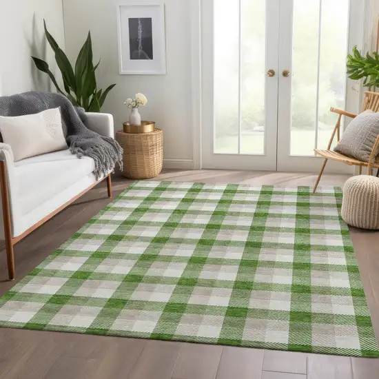 Emerald Beige And Ivory Plaid Washable Area Rug With UV Protection Photo 5