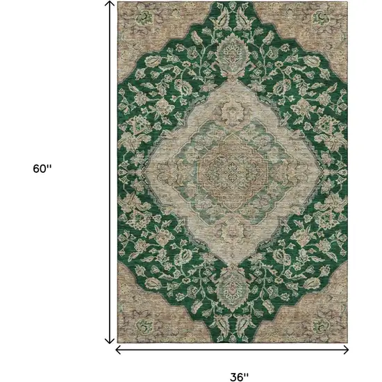 Emerald Beige And Taupe Floral Medallion Washable Area Rug With UV Protection Photo 3