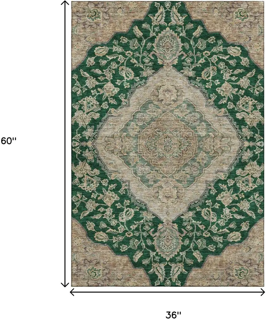 Emerald Beige And Taupe Floral Medallion Washable Area Rug With UV Protection Photo 3