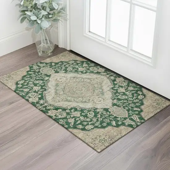 Emerald Beige And Taupe Floral Medallion Washable Area Rug With UV Protection Photo 2