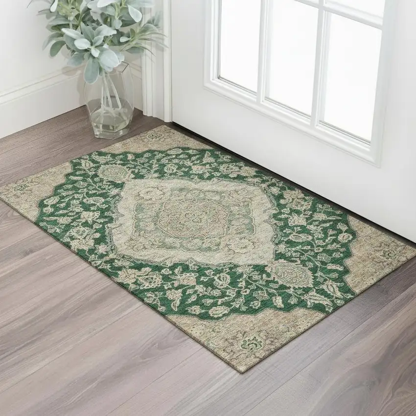 Emerald Beige And Taupe Floral Medallion Washable Area Rug With UV Protection Photo 2