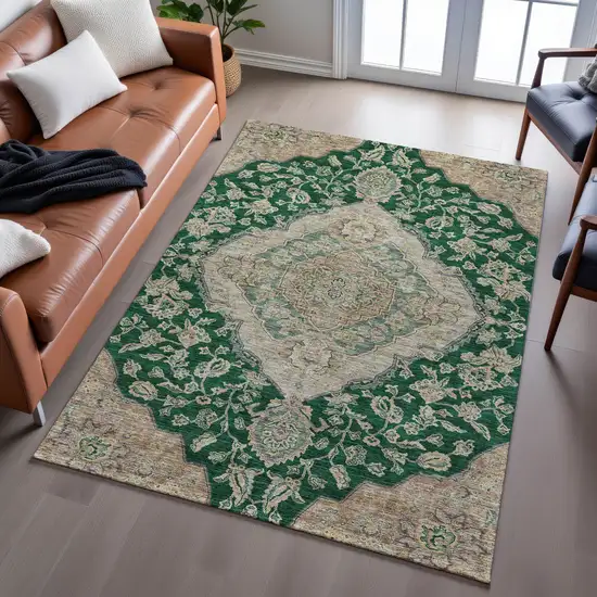 Emerald Beige And Taupe Floral Medallion Washable Area Rug With UV Protection Photo 5