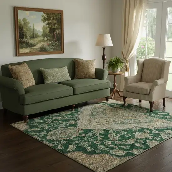 Emerald Beige And Taupe Floral Medallion Washable Area Rug With UV Protection Photo 2