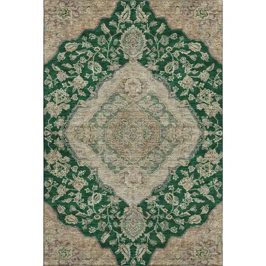 Emerald Beige And Taupe Floral Medallion Washable Area Rug With UV Protection Photo 1