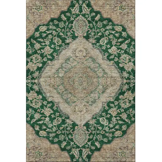 Emerald Beige And Taupe Floral Medallion Washable Area Rug With UV Protection Photo 3