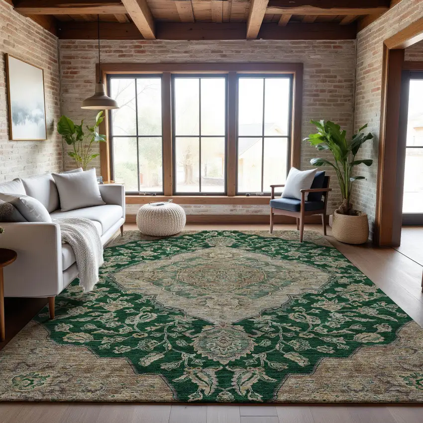 Emerald Beige And Taupe Floral Medallion Washable Area Rug With UV Protection Photo 4
