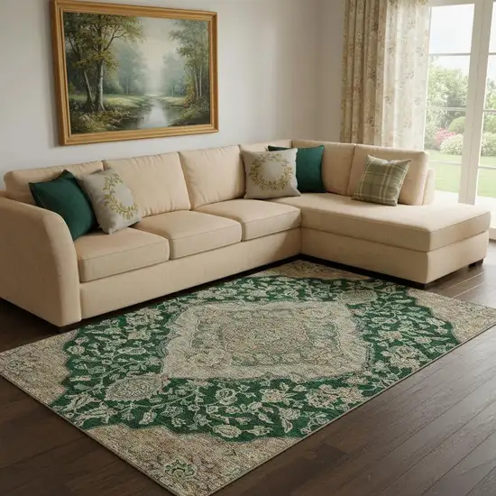 Emerald Beige And Taupe Floral Medallion Washable Area Rug With UV Protection Photo 2