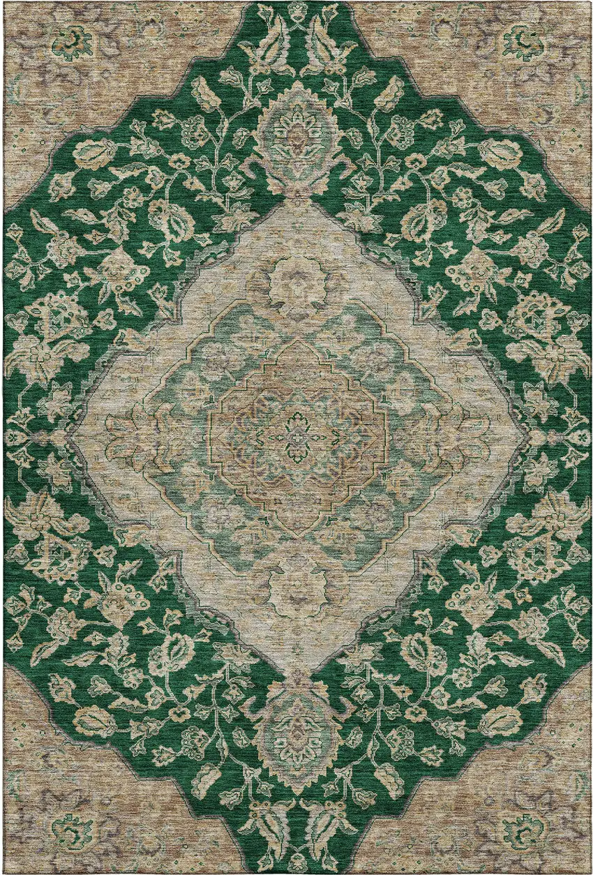 Emerald Beige And Taupe Floral Medallion Washable Area Rug With UV Protection Photo 1