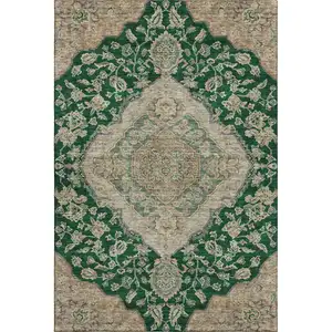 Photo of Emerald Beige And Taupe Floral Medallion Washable Area Rug With UV Protection