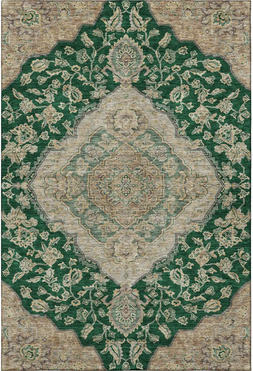 Emerald Beige And Taupe Floral Medallion Washable Area Rug With UV Protection Photo 3