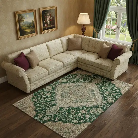 Emerald Beige And Taupe Floral Medallion Washable Area Rug With UV Protection Photo 2