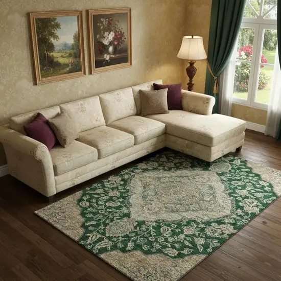 Emerald Beige And Taupe Floral Medallion Washable Area Rug With UV Protection Photo 2
