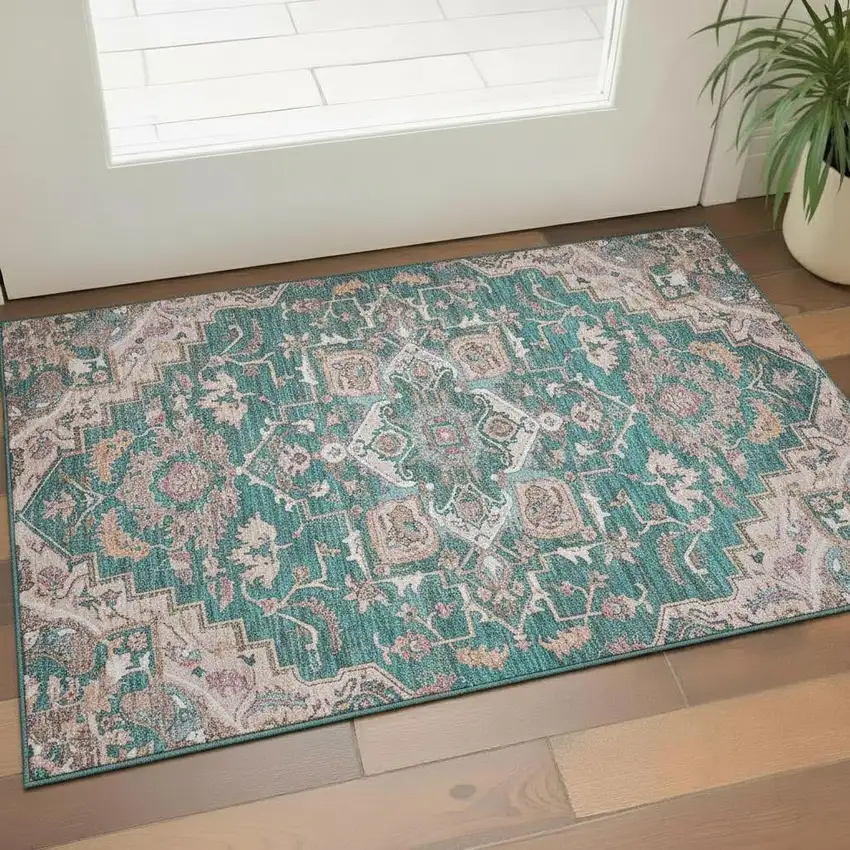 Emerald Beige And Teal Floral Medallion Washable Area Rug With UV Protection Photo 1