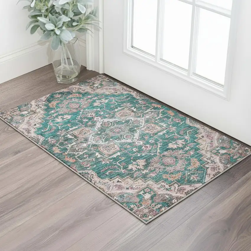Emerald Beige And Teal Floral Medallion Washable Area Rug With UV Protection Photo 2