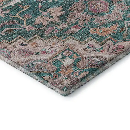 Emerald Beige And Teal Floral Medallion Washable Area Rug With UV Protection Photo 8
