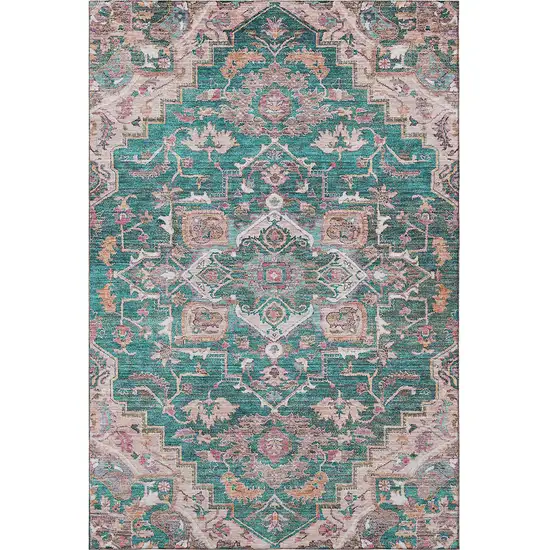 Emerald Beige And Teal Floral Medallion Washable Area Rug With UV Protection Photo 4