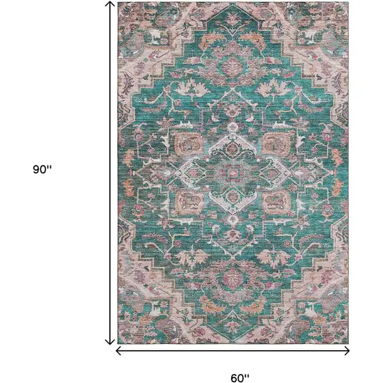 Emerald Beige And Teal Floral Medallion Washable Area Rug With UV Protection Photo 3