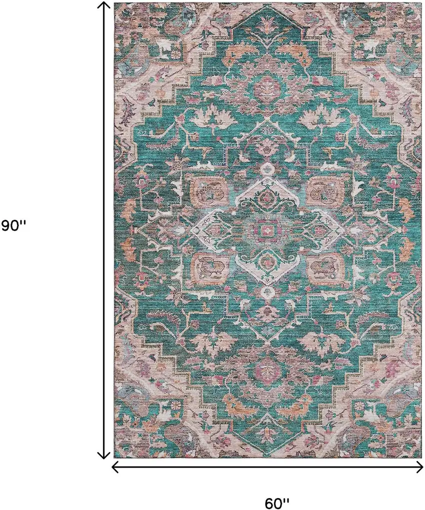 Emerald Beige And Teal Floral Medallion Washable Area Rug With UV Protection Photo 3