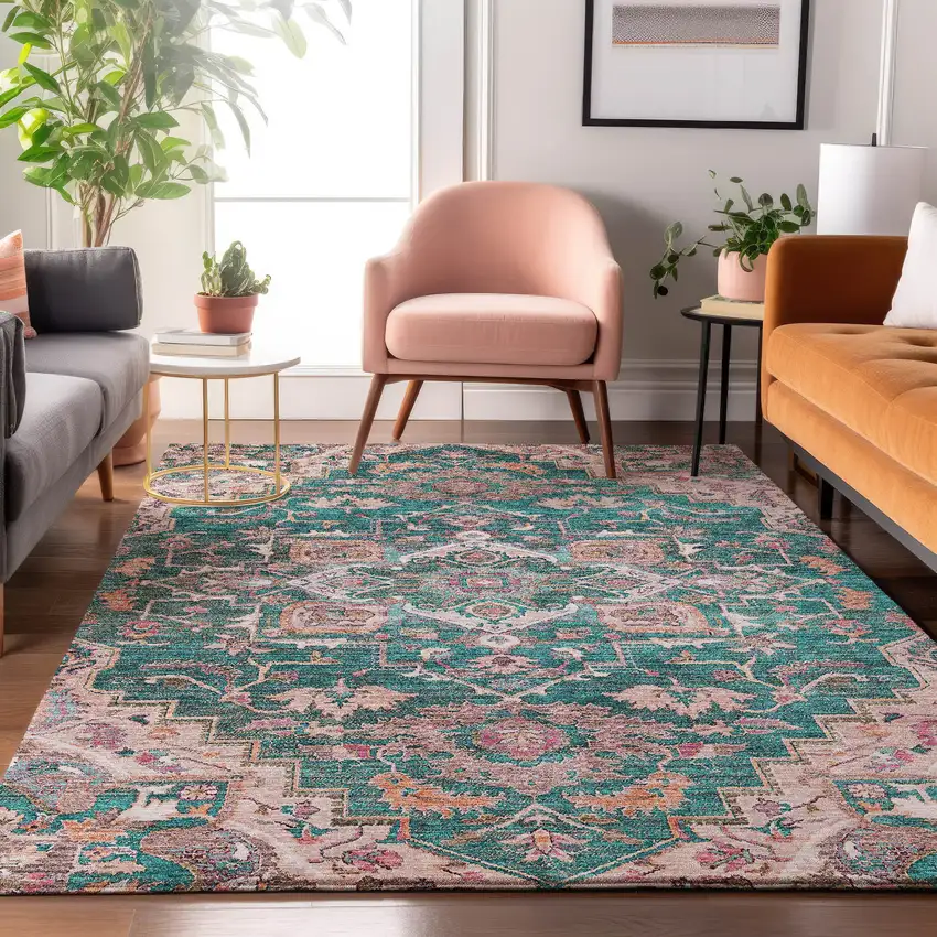 Emerald Beige And Teal Floral Medallion Washable Area Rug With UV Protection Photo 5