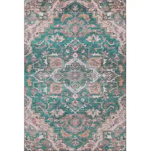 Photo of Emerald Beige And Teal Floral Medallion Washable Area Rug With UV Protection