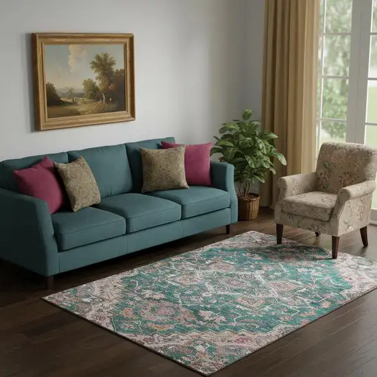 Emerald Beige And Teal Floral Medallion Washable Area Rug With UV Protection Photo 1