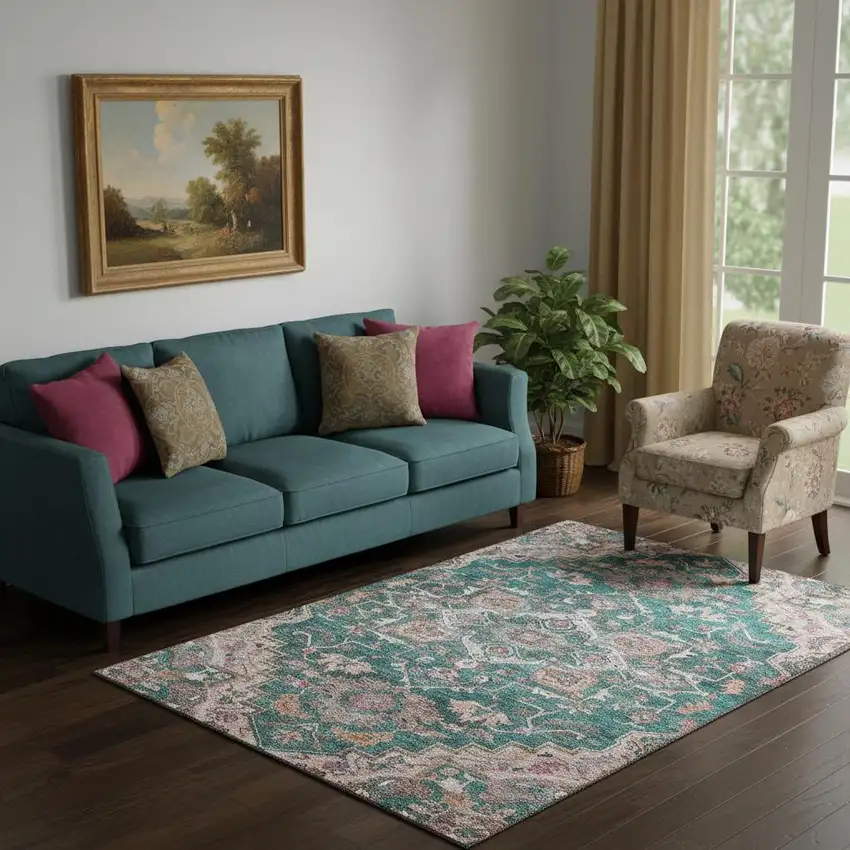 Emerald Beige And Teal Floral Medallion Washable Area Rug With UV Protection Photo 1