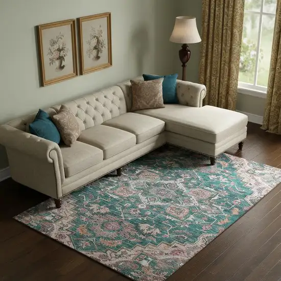 Emerald Beige And Teal Floral Medallion Washable Area Rug With UV Protection Photo 1