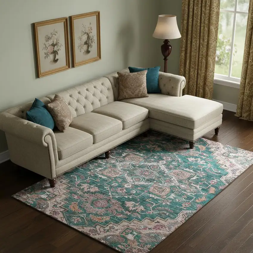 Emerald Beige And Teal Floral Medallion Washable Area Rug With UV Protection Photo 1