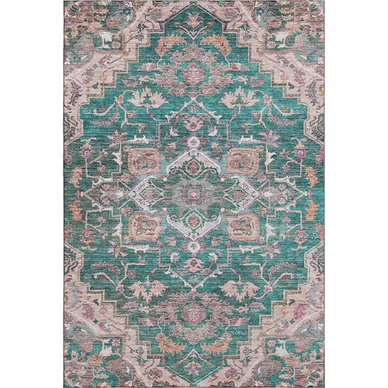 Emerald Beige And Teal Floral Medallion Washable Area Rug With UV Protection Photo 1