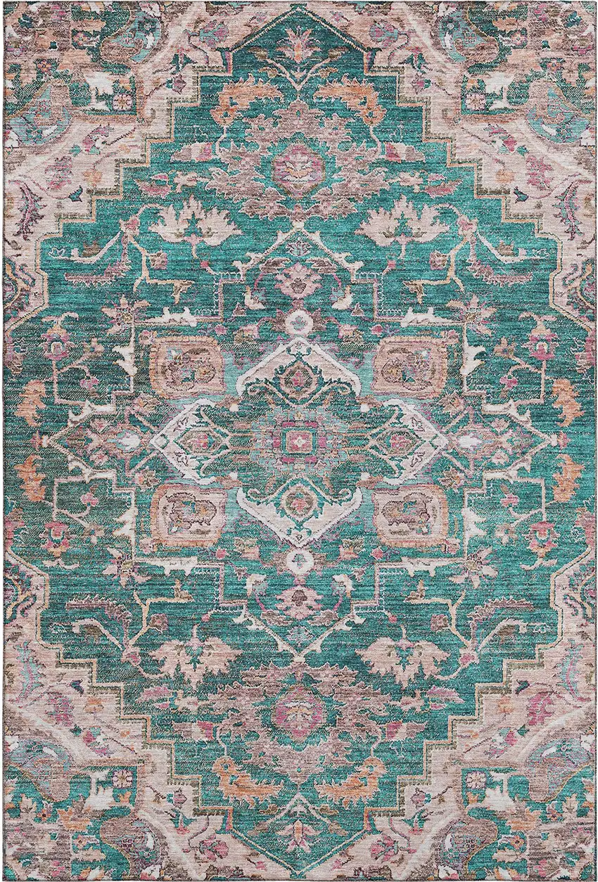Emerald Beige And Teal Floral Medallion Washable Area Rug With UV Protection Photo 1