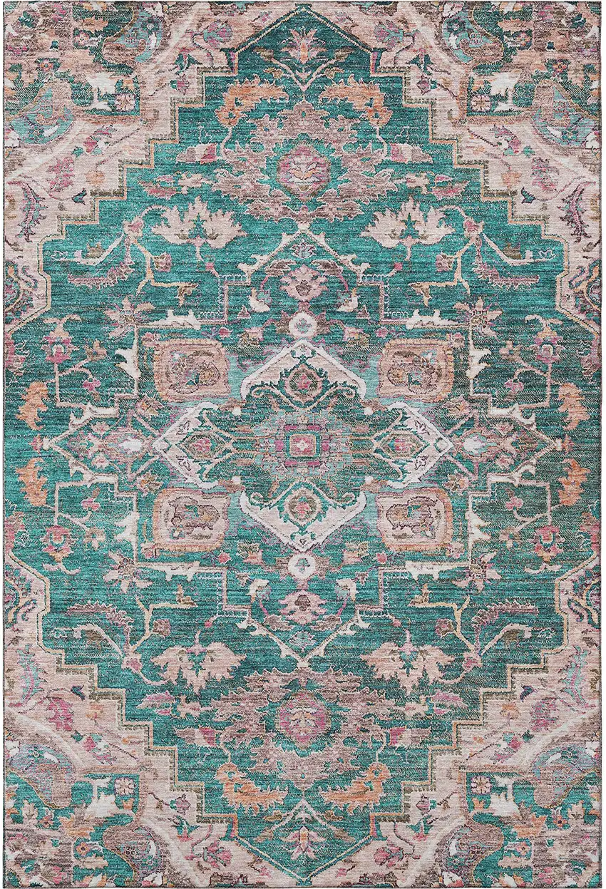 Emerald Beige And Teal Floral Medallion Washable Area Rug With UV Protection Photo 4