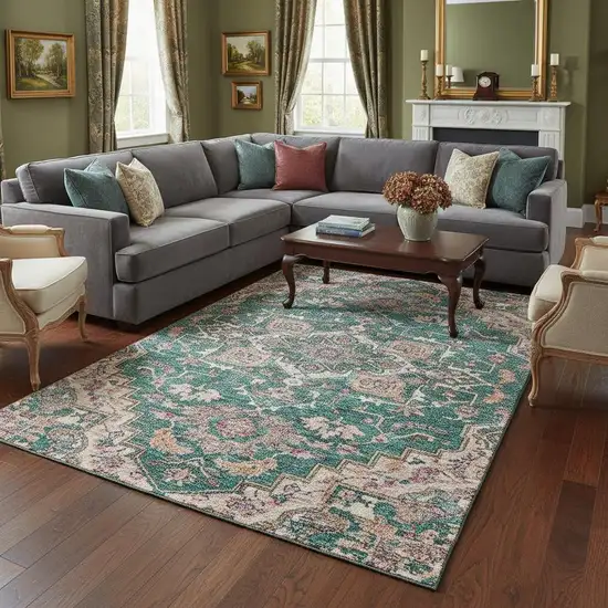 Emerald Beige And Teal Floral Medallion Washable Area Rug With UV Protection Photo 2