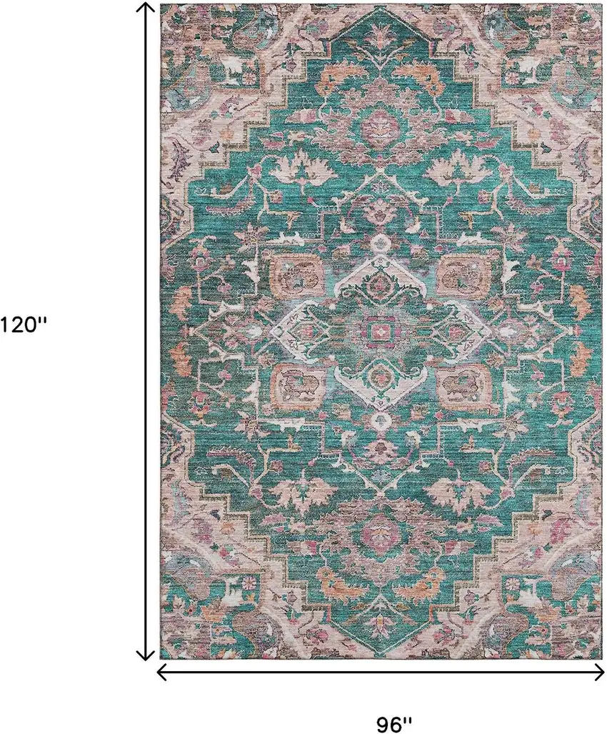 Emerald Beige And Teal Floral Medallion Washable Area Rug With UV Protection Photo 3