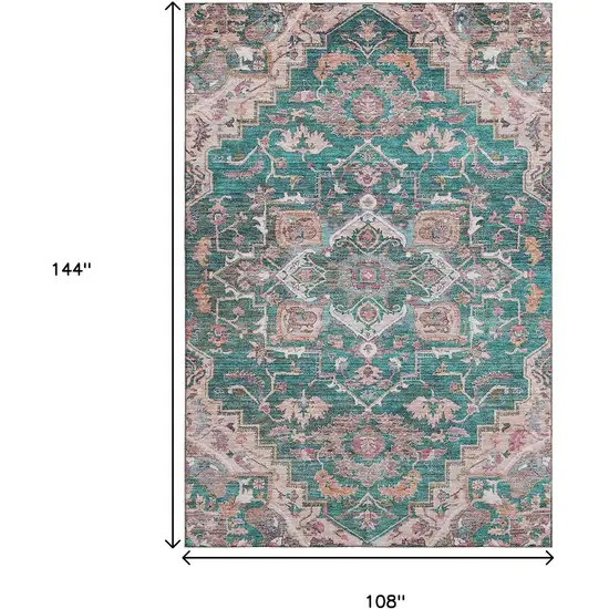 Emerald Beige And Teal Floral Medallion Washable Area Rug With UV Protection Photo 3
