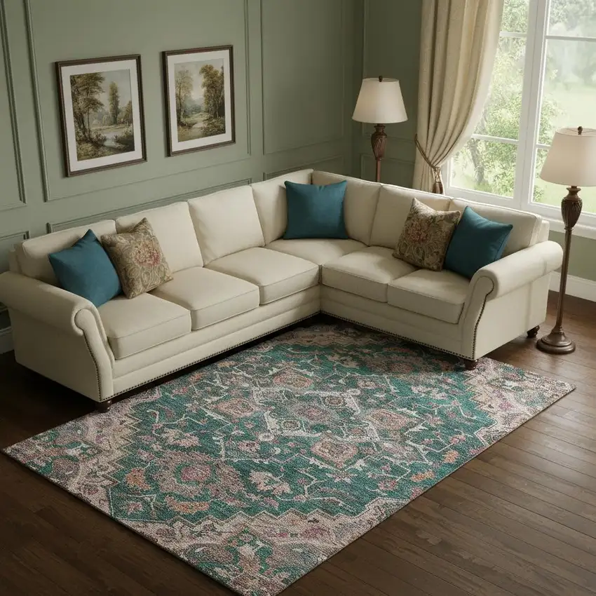 Emerald Beige And Teal Floral Medallion Washable Area Rug With UV Protection Photo 1