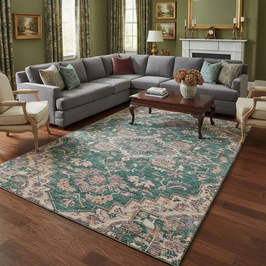 Emerald Beige And Teal Floral Medallion Washable Area Rug With UV Protection Photo 2