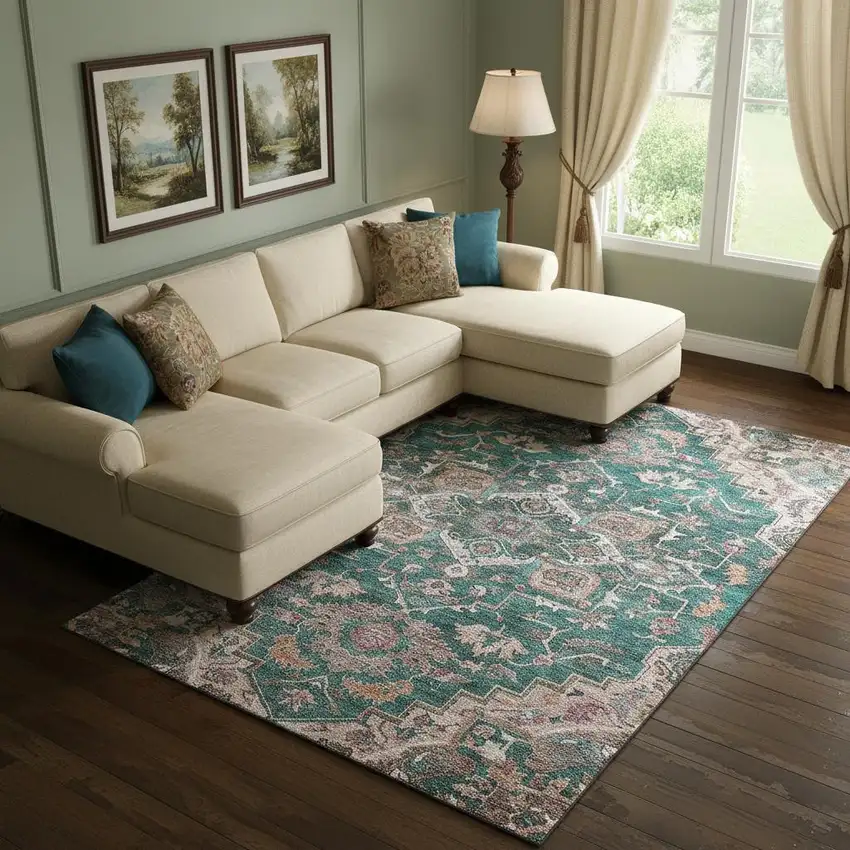 Emerald Beige And Teal Floral Medallion Washable Area Rug With UV Protection Photo 1