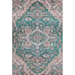 Photo of Emerald Beige And Teal Floral Medallion Washable Area Rug With UV Protection